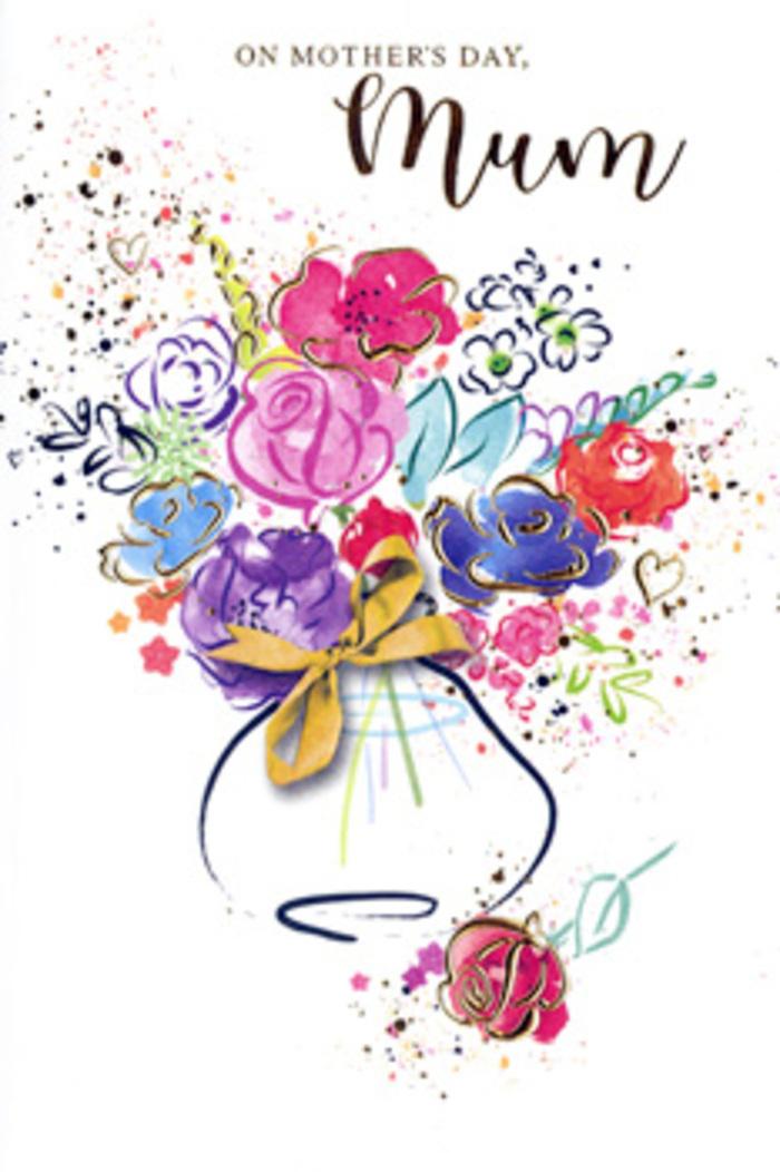 The illustration on this Mother's Day card shows a joyful explosion of watercolour flowers, as if a fresh bouquet had been translated directly from a florist's bench in Becontree Heath onto paper. At the heart of the design, large blossoms in rich cerise, hot pink, and rosy magenta seem almost to pulse with colour, each petal guided by flowing indigo outlines that give the flowers their shape while still allowing the paint to bloom and merge. Nestled among these vibrant heads are more delicate touches of pale blue, misty violet, and soft lavender, their cooler tones providing a gentle counterbalance and adding depth. Gold detailing dances along the edges of petals and the suggestion of leaves, creating tiny highlights that feel like reflections of late-afternoon light glancing off glass and water in a florist's vase. Around the bouquet, scattered splashes of paint, specks of colour, and small heart motifs drift across the white background, evoking the sense of movement, laughter, and the flutter of cards opening on Mother's Day morning. The flowers themselves gather into a full, rounded arrangement that sits in a simply rendered vase, its shape hinted at with soft washes and finished with a tidy golden bow-just the kind of finishing touch Becontree Heath Florist might add before sending an arrangement out to a nearby home. The image is lively yet tender, celebrating both the individuality of each bloom and the unity of the bouquet as a whole. It feels like a keepsake, a painted bouquet that will continue expressing gratitude and love long after real petals would have fallen.