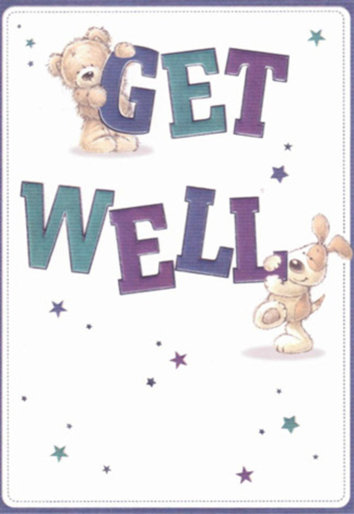 A vivid celebration of kindness and healing, this get well card perfectly encapsulates the warmth found along Hedgemans Road in Becontree Heath. The scene is alive with playful artistry: a gentle brown bear, with plush fur and a nurturing gaze, pairs harmoniously with an affectionate puppy, whose floppy ears and soft-drawn body are the very image of loyal companionship. Together, they frame the phrase 'Get Well' in bold, hand-painted letters shaded in purple and teal, conveying encouragement with quiet confidence. Above and around them, whimsical stars in blue and violet scatter across a luminous cream backdrop, suggesting wishes that gently float through Becontree Heath on a breezy afternoon. There's an almost cuddly quality to both animal friends-the kind of tactile softness that calms, much like the texture of a freshly delivered bouquet from the local florist. Each element, from the lively, rounded forms to the precise hues, is executed with the thoughtful care and attention to detail that defines Becontree Heath Florist's work. The atmosphere is light, heartfelt, and utterly sincere, extending a local embrace of comfort to anyone in need. This card, like a lovingly arranged bouquet, is designed to lift spirits and offer encouragement no matter the recipient's age or story.