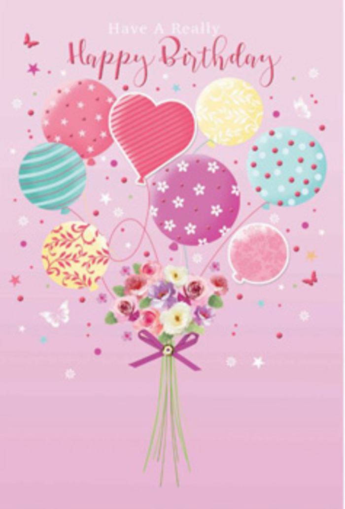 There is a gentle, joyful rhythm running through this birthday artwork, reminiscent of a relaxed weekend gathering in Becontree Heath where family and friends come together near the park. The illustration is composed around a vertical flow of balloons and blooms, suggesting movement and uplift. At the top and centre, a handful of pastel balloons float as if weightless, their shapes rounded and full. Pale sunshine yellow, warm rose pink, lavender, and soft minty greens wash over each surface, interlaced with whimsical patterns-twisting ribbons, scattered dots, and tiny floral motifs-that bring energy without overwhelming the eye. The balloons reflect a soft, diffuse light, giving them a gentle shine that feels inviting rather than flashy. Beneath this airy cluster lies a delicate hand-tied bouquet, which looks as though it could have been arranged just minutes ago for a birthday delivery somewhere around Becontree Heath. Petite roses and daisy-like blossoms mingle, their petals lightly curled at the edges and shaded from creamy white to blush and rich rose, like petals brushed with morning sun. The flowers are drawn with care and texture, appearing plump and freshly opened, as if they still hold the coolness of a florist's chilled room. A purple bow ties the stems, its subtle sparkle catching the light, adding structure to the otherwise soft flow of petals and leaves. Butterflies and tiny stars flit around the arrangement, echoing the carefree movement of balloons and giving the scene a dreamy quality, as though time has paused at the sweetest moment of the celebration. The overall impression is one of tender jubilation and thoughtful design, much like the feeling of receiving a beautifully arranged bouquet in Becontree Heath on your special day.