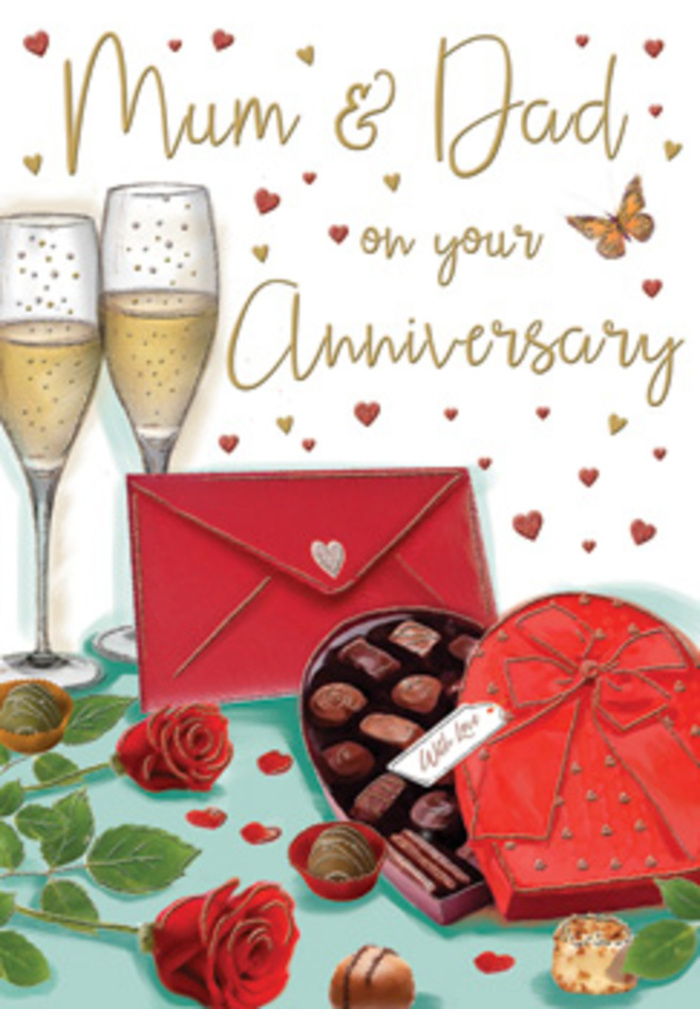 Warm and romantic anniversary card illustration that looks like a snapshot of a private celebration, described with the sensitivity of a Becontree Heath florist familiar with local family traditions. The composition unfolds across a softly illuminated table. Two slim champagne flutes take their place at the back, standing so close their stems almost touch, each filled with pale, effervescent champagne. Tiny bubbles shimmer inside, rising gracefully, giving the sense of an imminent toast between devoted partners. In the foreground, a heart-shaped chocolate box in a deep red tone sits slightly askew, its lid propped open to showcase rows of chocolates in varying shapes, from rounded domes to neat squares. The entire box is cinched by a wide scarlet satin ribbon tied into an elegant bow, its loops full and slightly curled at the ends, similar to the ribbons we choose for special-occasion arrangements across Becontree Heath and nearby Goodmayes. Nestled close to the box are two vibrant red roses laid gently on the table, petals plush and velvety, packed in layered swirls that suggest careful florist selection. Their fresh green leaves extend softly outward, adding a natural contrast to the richness of the reds. A couple of chocolates have been placed casually nearby, as though already enjoyed. Above, a cream-toned background is alive with small golden and crimson hearts that drift and scatter around a handwritten dedication to Mum & Dad, giving the sense of love floating in the air. To one side, a classic red envelope, neatly sealed, rests in quiet anticipation of being opened. The whole scene is bathed in mellow light, conjuring the cosy sweetness of an anniversary evening in a Becontree Heath home, where parents are honoured for years of companionship, patience, and shared memories.