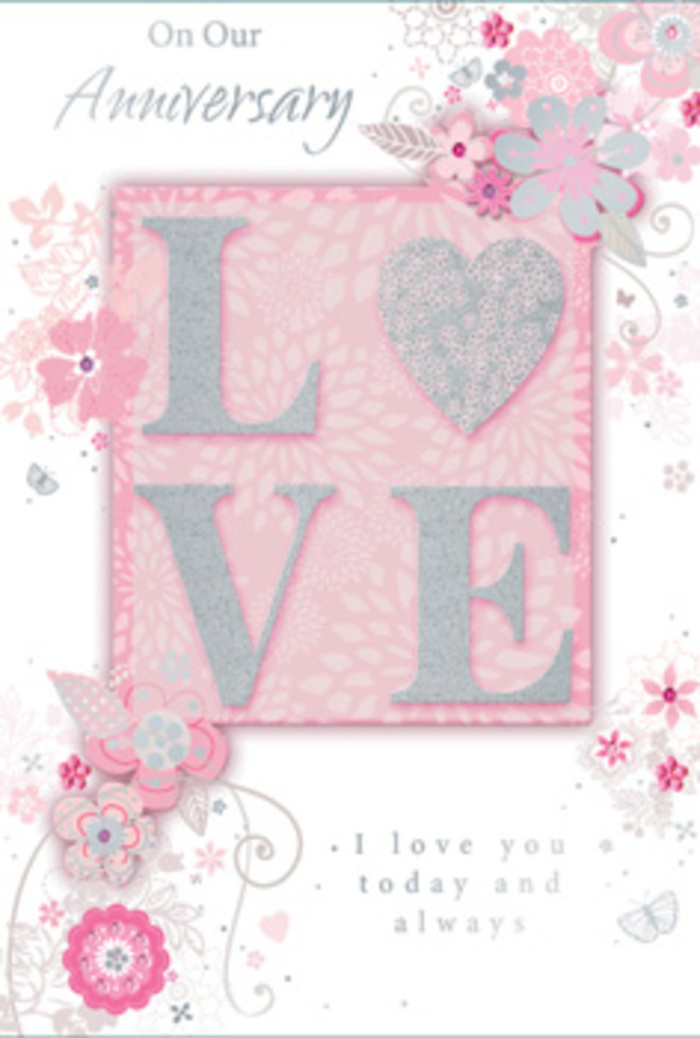Opening this anniversary card feels like stepping into a sunlit sitting room in Becontree Heath, where love is celebrated not only on special days but in everyday gestures. On the front, the word LOVE forms the central motif, its letters finished in a frosted glitter that shimmers softly when turned toward the light. The raised texture gives a satisfying tactile presence, as if the word itself has been gently embossed into the card with the same care used to tie a satin ribbon around a bouquet. Around this central word, wispy, hand-drawn blooms float along the borders, their petals washed in shades of pink, lilac, and creamy ivory that blend seamlessly into one another. Fine filigree curls, dainty leaves, and delicate flourishes weave in and out of the flowers, evoking the decorative detail found in carefully arranged anniversary flowers prepared in nearby floral studios. Hidden among the curves, tiny butterflies appear almost as a secret detail, their soft outlines hinting at quiet fluttering wings. The background is a gentle, warm blush that adds to the sense of intimacy, like late-afternoon light spilling across a familiar room. Inside, the message I love you today and always is printed in graceful, understated type, each letter spaced to let the sentiment breathe. The typography's simplicity complements the elaborate floral border, ensuring the words remain the true heart of the card. Every element-the pastel palette, the subtle sparkle, the flowing lines-works together to create a feeling of quiet gratitude for shared days and years. It is as though a hand-tied bouquet of soft spring blooms has been transformed into paper form, ready to be given as a keepsake to a beloved partner in Becontree Heath, capturing the comforting constancy of their bond.