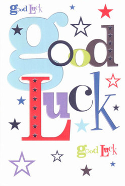 This good luck card, often complimenting milestone bouquets here in Becontree Heath, radiates a joyful, optimistic spirit. At first glance, the card's oversized, pastel-blue 'g' leads the message, playfully underscored by bold reds, intricate greens, and rich purples-colours that call to mind spring blossoms around nearby Central Park. Every letter is individually styled, showing the designer's care in pairing fonts much like a florist combines flowers for balance and cheer. Whimsical stars in navy, indigo, lemon, and soft lavender scatter across the bright white canvas, their sizes and shades suggesting a scatter of confetti at a local celebration outside the Heathway. Run your hand over the card, and you'll notice the smooth, sturdy feel of premium card, a texture as inviting as the fresh-cut stems at Becontree Heath Florist's own counter. The composition is energetic yet harmonious, creating the sensation of encouragement and possibility-a visual hug before a first day at a new school or the leap to an exciting job. Local customers often remark how such a card not only sends well wishes but also captures that special sense of community support found right here in Becontree Heath, making it the perfect keepsake for anyone turning a new page.