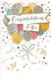 In this image, a beautifully designed congratulations card stands upright, its front capturing the mood of a light-hearted celebration in Becontree Heath. The card's main feature is a generous bouquet of balloons drawn in a soft, celebratory palette. They cluster together at the centre, their rounded shapes overlapping like blooms in a tight floral design. Muted tones of gold, champagne, and silver intermingle with gentle shades of sky blue, blush pink, and soft grey, each balloon adorned with glimmering embellishments-tiny metallic stars, fine stripes, and subtle sparkles of glitter. These details create an impression of depth and a delicate, tactile quality, reminiscent of textured wrapping paper or the sheen of satin ribbon on a bouquet delivered to a home near Becontree Heath Park. Slender strings in shimmering gold and silver trail from the base of the balloons, curling and twisting in loose, playful loops that anchor the composition while suggesting motion. Across the centre, an unfurled banner stretches horizontally, bearing the words Congratulations To You in stylish, flowing script that feels both sincere and a little bit luxurious. Around the main motif, the pale background is gently animated by scattered metallic stars, curving ribbon shapes, and dots of confetti that seem to drift across the scene, echoing the joyful chaos of a party just beginning. The card's whole atmosphere is uplifting yet refined, ideal for those proud moments-a new job, a big exam, or a personal milestone-when someone in Becontree Heath deserves to be celebrated with thoughtful words, a card full of charm, and a fresh bouquet to match.