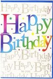 The design of this birthday card captures the spirit of a lively celebration, the kind of cheerful moment you might share with friends and family gathered around Becontree Heath. At first glance, your eye is pulled to the large Happy Birthday text stretching across the front in substantial, blocky letters. Each letter is uniquely coloured, forming a continuous rainbow that travels from deep red and vibrant pink through warm apricot and sunshine yellow, then into cool greens, vivid blues, and soft lavender. The transitions between colours are gentle and slightly blended, giving the impression of watercolour washes or softly lit streamers draped along a party wall. The surface of the letters seems smooth and semi-gloss, bright yet not overly shiny, just enough to catch a gentle highlight. Behind this bold declaration, the background hums with a quieter pattern of gold script, repeating the phrase Happy Birthday to you in delicate, curling handwriting. The script flows across the card in slender lines, with each stroke dusted in fine, glittering gold that sparkles as the card tilts in the light, like candlelight flickering over glasses at a birthday meal near the local green. The base colour behind the gold and rainbow elements is light, almost creamy, providing a calm stage for the colours to shine without distraction. Together, the bold rainbow lettering and the shimmering script create a sense of layered joy: the outward, exuberant shout of Happy Birthday and the soft, steady echo of well-wishes beneath. It's a card that feels right at home beside a festive arrangement on a coffee table in Becontree Heath, adding extra colour and sparkle to the day.