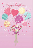 This birthday design paints a whimsical picture that feels right at home in Becontree Heath, like decorations arranged with love before guests arrive. The background is a soft, powdery pink, creating a calm and cheerful backdrop. In the centre, a cluster of pastel balloons drifts upward, carrying the eye along with it. Each balloon has a distinct charm: some are banded with candy-coloured stripes, others are sprinkled with playful polka dots, and at least one has a sweet heart-shaped form that radiates affection. The colours-creamy ivory, blush pink, sea green, lemon yellow, and lilac-blend softly, as if touched by warm, indirect light coming through a nearby window. Just beneath this floating display sits a dreamy bouquet, gathered neatly as if ready to be delivered to a doorstep near Becontree Heath shops. The flowers resemble delicate roses and anemone-like blooms, their petals feathery and layered, rendered in shades of ivory, blush, and muted mauve that echo the balloon colours above. A violet satin bow wraps around the stems, its smooth sheen catching the light and providing a crisp contrast to the softness of the petals. Scattered around the balloons and bouquet are tiny, twinkling stars and graceful butterfly motifs, giving the impression of a fairy-tale moment suspended in time. The whole composition feels light as a spring morning-airy, sweet, and gently festive-capturing the quiet thrill of a birthday surprise. It suggests the emotion of opening the door to find fresh flowers and joyful birthday wishes waiting just for you in Becontree Heath.