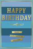 The photograph captures a stylish birthday card whose design balances festive gold with calming layers of blue, reminiscent of the peaceful, open skies above Becontree Heath. The card face is divided into generous horizontal stripes, each stripe a slightly different shade of blue. At the top, the colour begins as a deep, inky navy, gradually lightening through denim and teal tones before settling into a soft, powdery sky blue at the base. This progression creates a soothing ombre effect, as if you are looking outward across broad horizons. Across the central area, HAPPY BIRTHDAY is emblazoned in large capital letters of gold foil, the text clearly embossed so it stands proud of the card surface. The metallic finish gleams gently, adding a sense of occasion while remaining elegantly understated. Just below, a decorative golden flourish flows in a graceful, symmetrical line, bridging the space between the main greeting and the words beneath. Further down, three narrow golden banners are perfectly stacked, each containing a portion of the simple but heartfelt message: Relax, have a great day and enjoy! These banners introduce a touch of playful structure within the refined layout. The entire composition is enclosed by a slim gold border that frames the blues and ties every element together. The contrast between the cool, velvety background and the warm, reflective gold gives the card a tactile richness, inviting both touch and contemplation. It is easy to picture this card standing beside a thoughtfully arranged birthday bouquet in a Becontree Heath living room, catching the daylight and quietly encouraging the recipient to savour their special day at an unhurried pace.