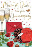 Illustrated anniversary card scene that gently celebrates the lasting love of Mum and Dad, described as a Becontree Heath florist might do when helping choose a card to match an anniversary bouquet. The artwork is composed like a still-life celebration set on a polished table under soft, ambient light. Two tall, graceful champagne flutes stand side by side, filled with pale golden champagne. Inside, delicate bubbles rise in slender streams, making the glasses appear to glow, as if catching the last light of an evening toast. Positioned in front is a heart-shaped box of chocolates in a rich crimson red, with its lid opened to reveal neatly arranged truffles and pralines of varying shapes and shades, each resting in its own tiny paper case. Wrapped around the box is a wide, silky red ribbon, tied into a sumptuous bow that mirrors the elegant finishes we use on anniversary gifts for homes in Becontree Heath and along Green Lane towards Dagenham. Resting close by are two luxurious red roses, their velvety petals layered thickly, forming deep spirals of colour, while their fresh, glossy green leaves arc gently around them. A few scattered chocolates dot the tabletop, hinting at shared indulgence and laughter. Above this cosy scene, a warm cream background is scattered with delicate hearts in gold and dark red, playfully circling a hand-lettered message addressed to Mum & Dad, which adds a personal, family-centred touch. Off to one side lies a sealed scarlet envelope, suggesting a handwritten note of thanks and love. The overall mood is one of intimacy and gratitude, like an anniversary evening at home in Becontree Heath, where parents are cherished for the lifetime of love they've given.
